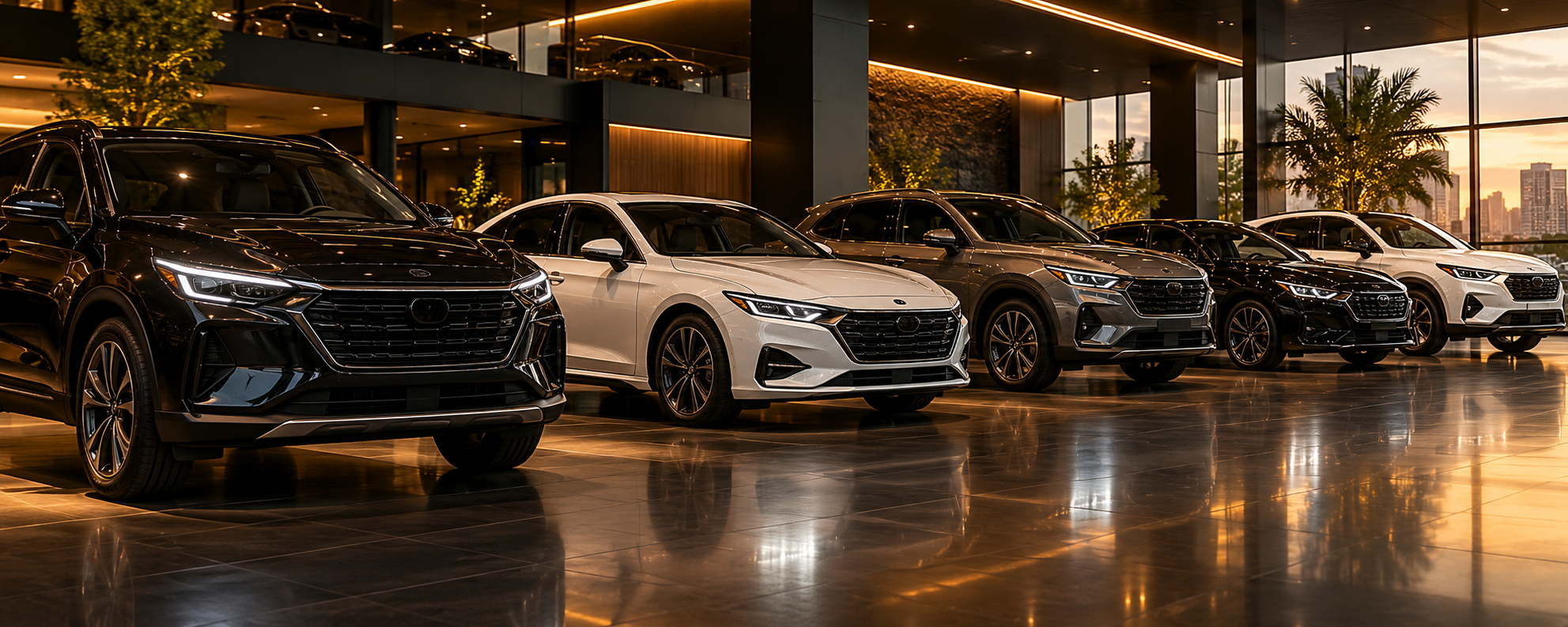 Carros alinhados em um showroom sofisticado
